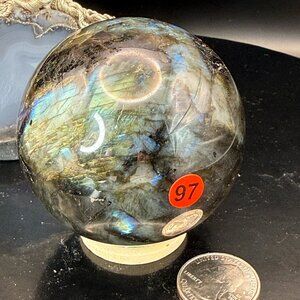 Labradorite Sphere 67.4mm Blue Green Flash Crystal Ball Labradorite Orb Large 97